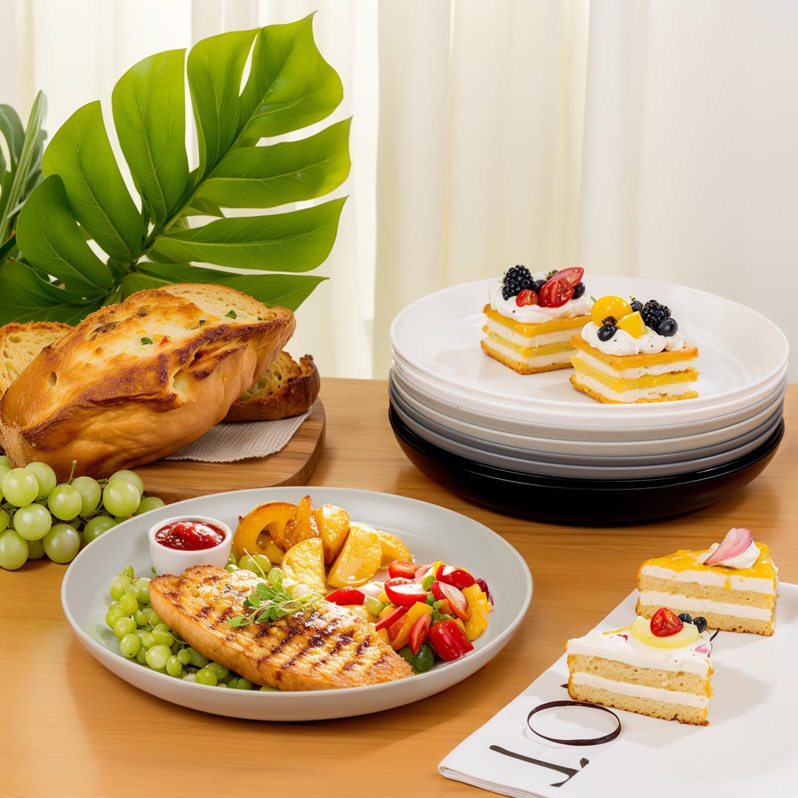 Supernal 10-inch wheat straw dinner plates made of reusable, durable plastic, suitable for casual dining and dishwashing.