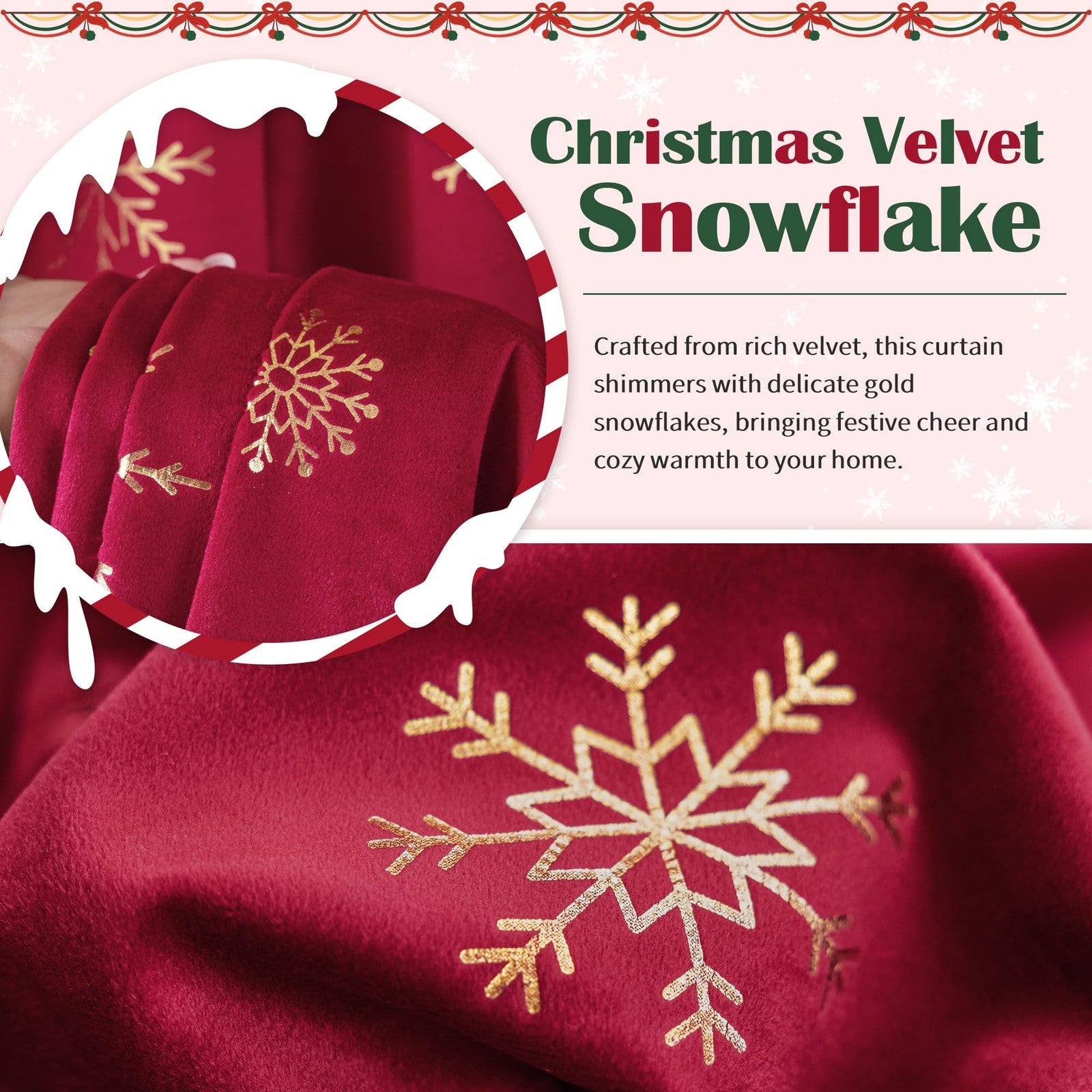 FMFUNCTEX red velvet blackout curtains with thermal insulation for bedroom, featuring a festive Christmas design.