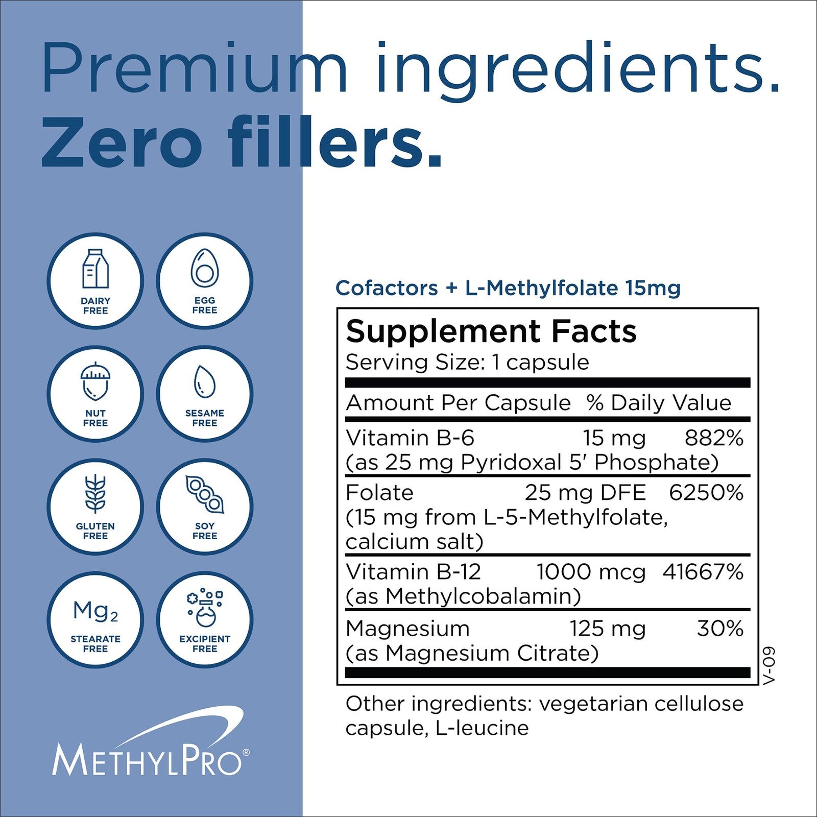 MethylPro L-Methylfolate 15mg supplement bottle with 30 capsules, featuring B12 and B6 for brain focus and calm support.