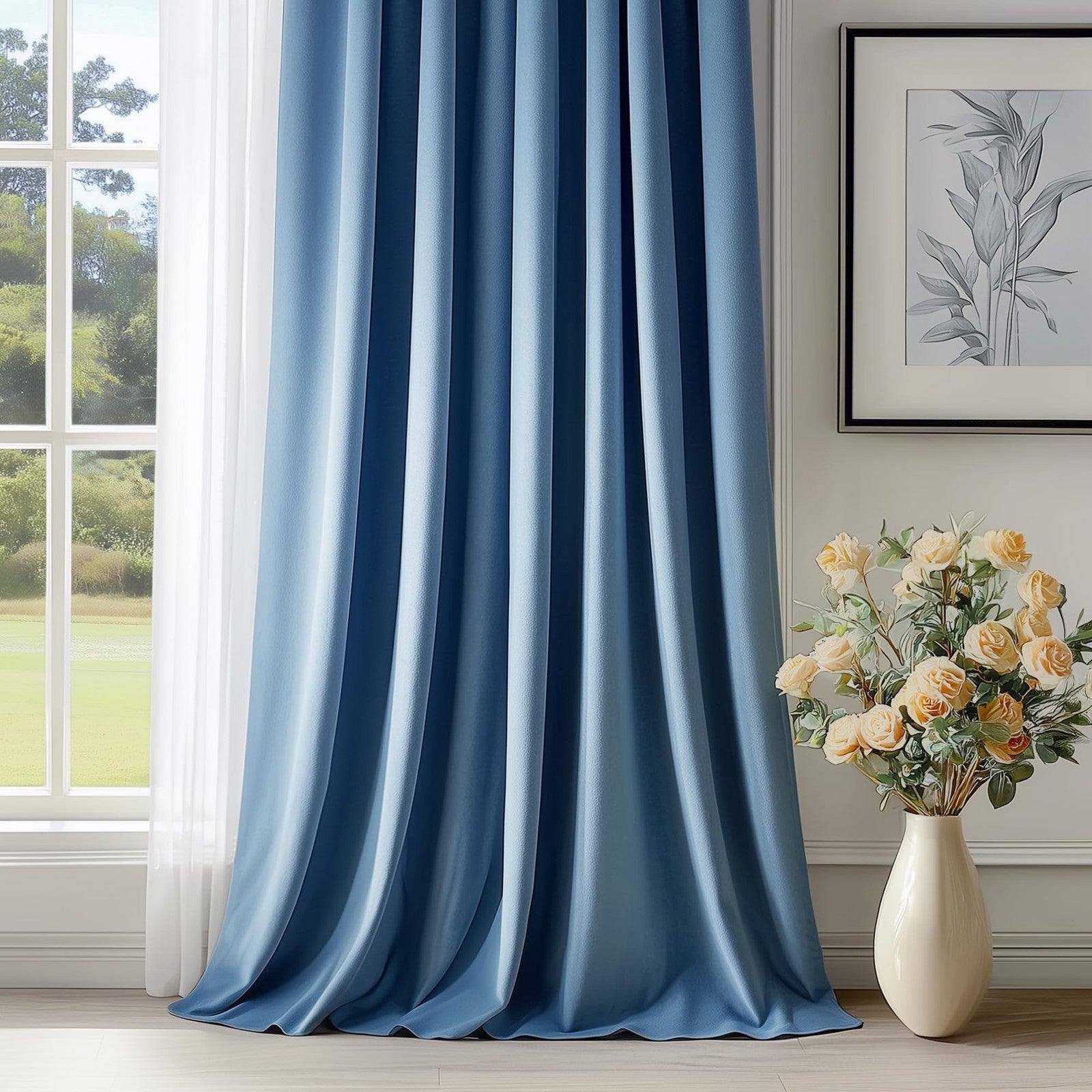 FMFUNCTEX velvet blackout curtains in blue, thermal insulated for bedroom privacy and energy efficiency, full-length window coverage.