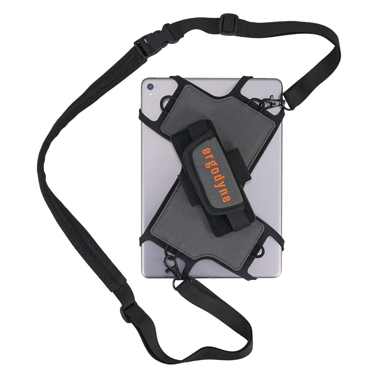 Ergodyne Squids 5549 tablet holder with detachable shoulder strap, showing a mobile device securely stored in the padded case.