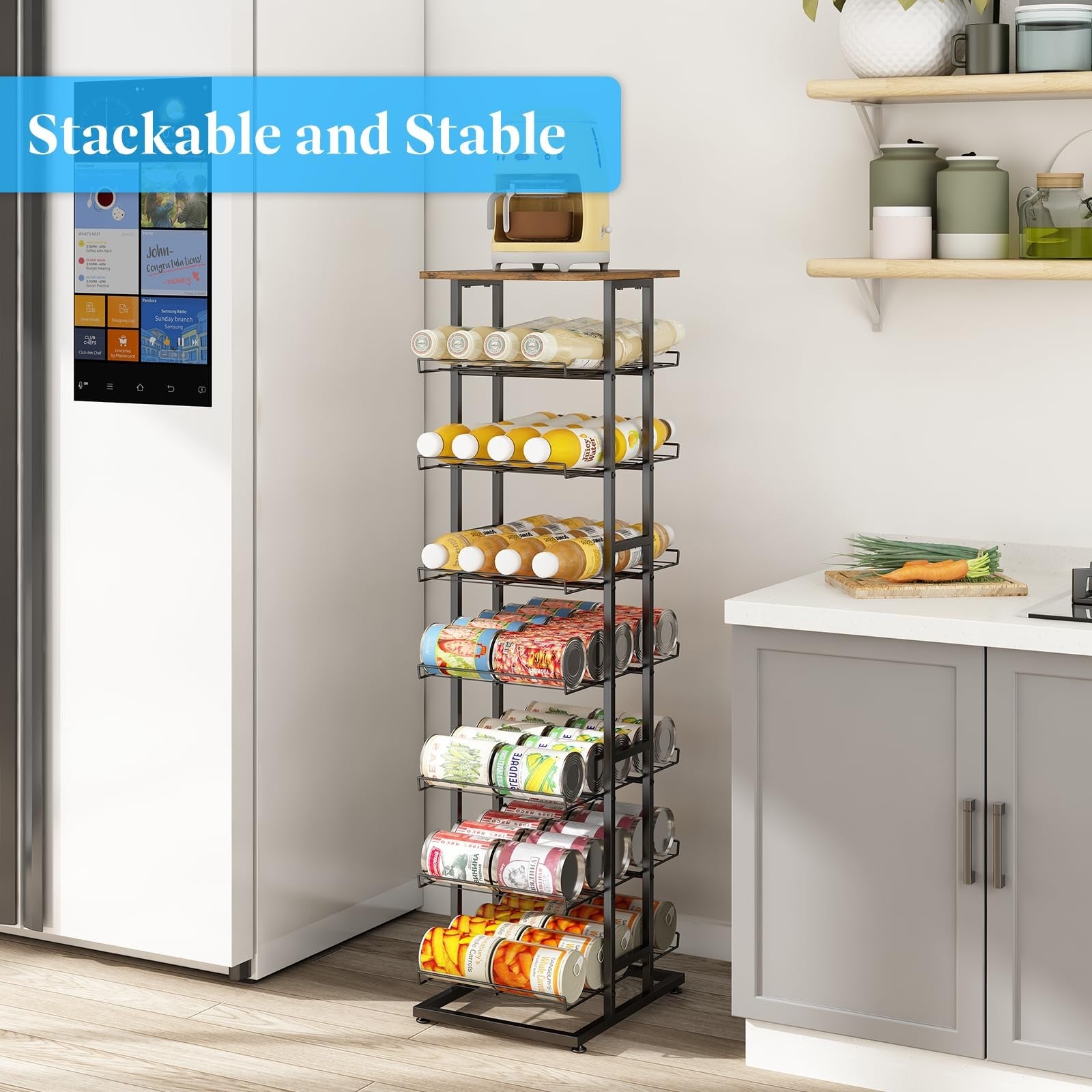 GILLAS multilevel water bottle storage rack with wooden tabletop and metal beverage caddy for organized drink storage