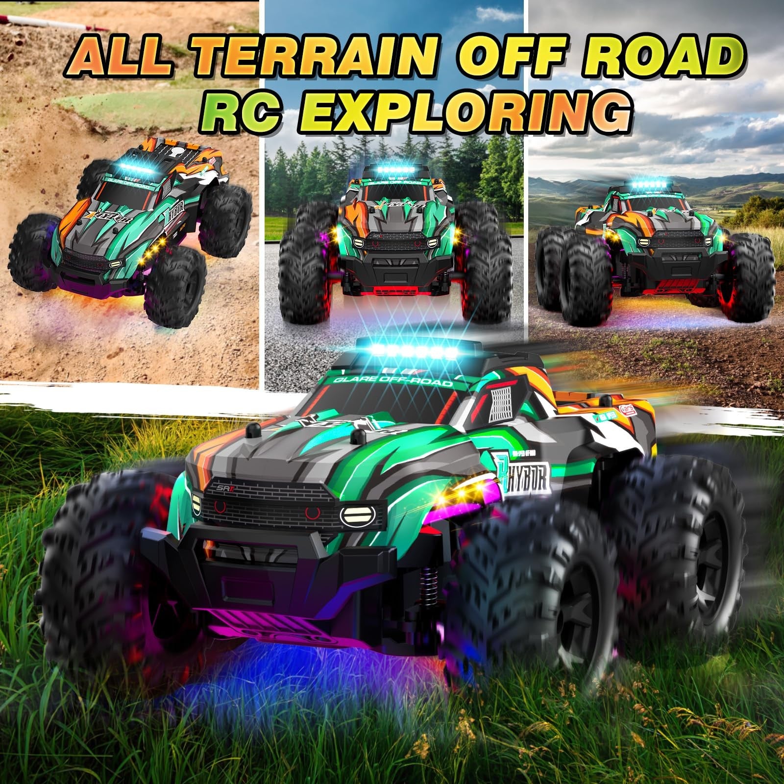 BLUEJAY 1:16 scale remote control car, all-terrain high-speed RC truck for boys, shown racing on rugged outdoor surface