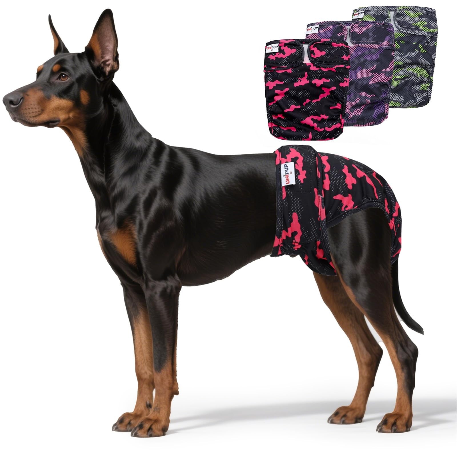Reusable UNIPUP female dog diapers with no tail hole, washable period panties for dogs, shown in a 3-pack.