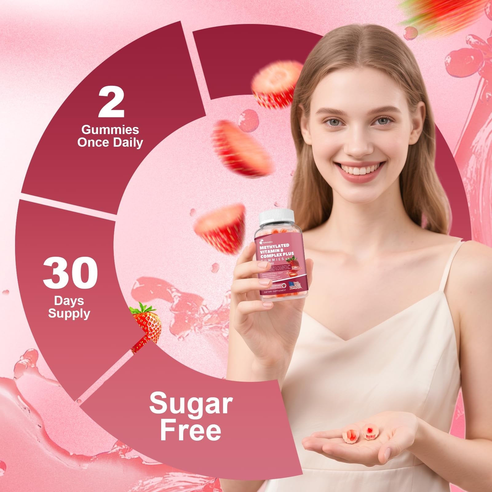 Femmetra Ultra Methylated Vitamin B Complex Sugar Free Gummies with colorful B vitamin gummies and vibrant packaging.
