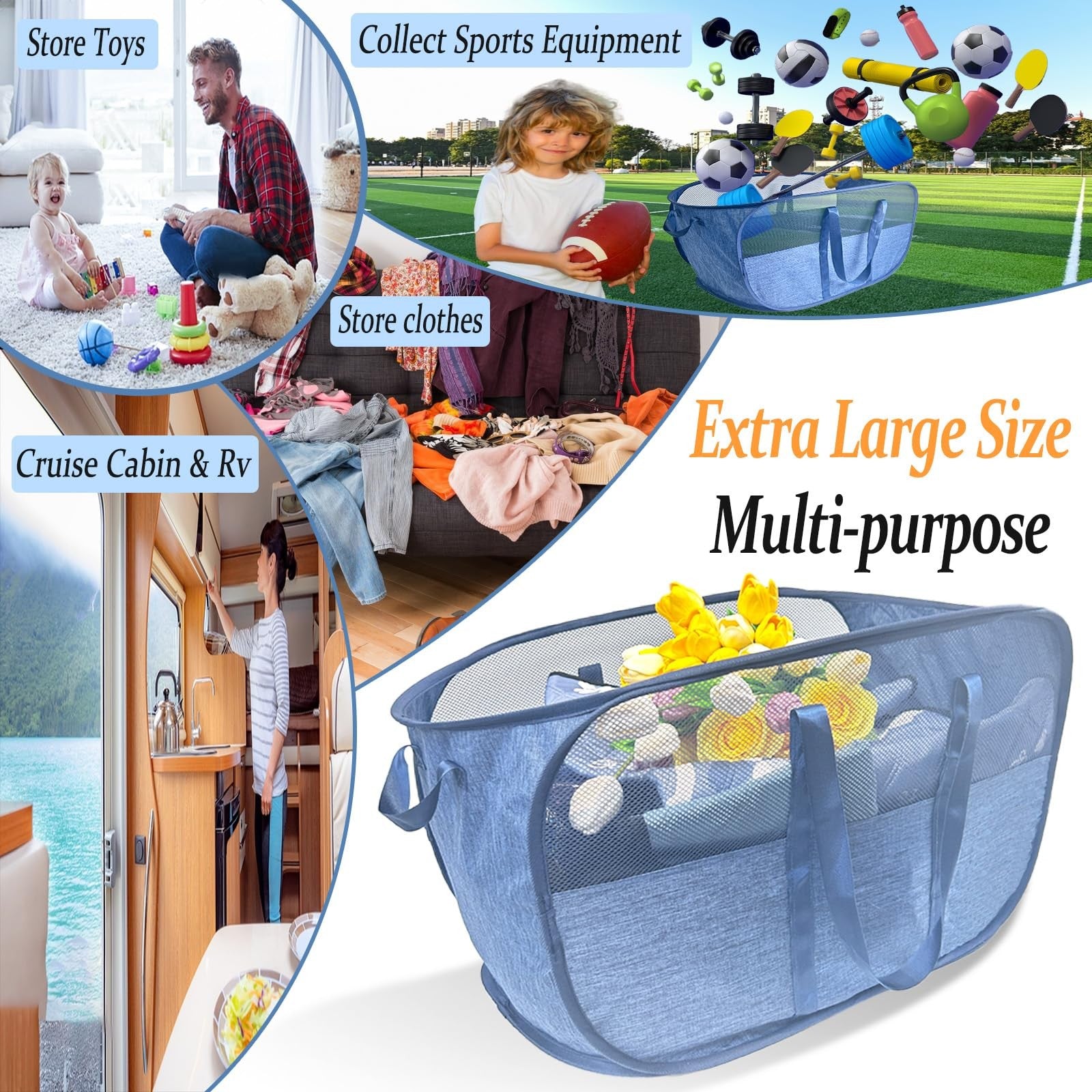 NairSnow 100L collapsible laundry baskets, 2-pack, large mesh pop-up hampers for easy laundry storage and transport.