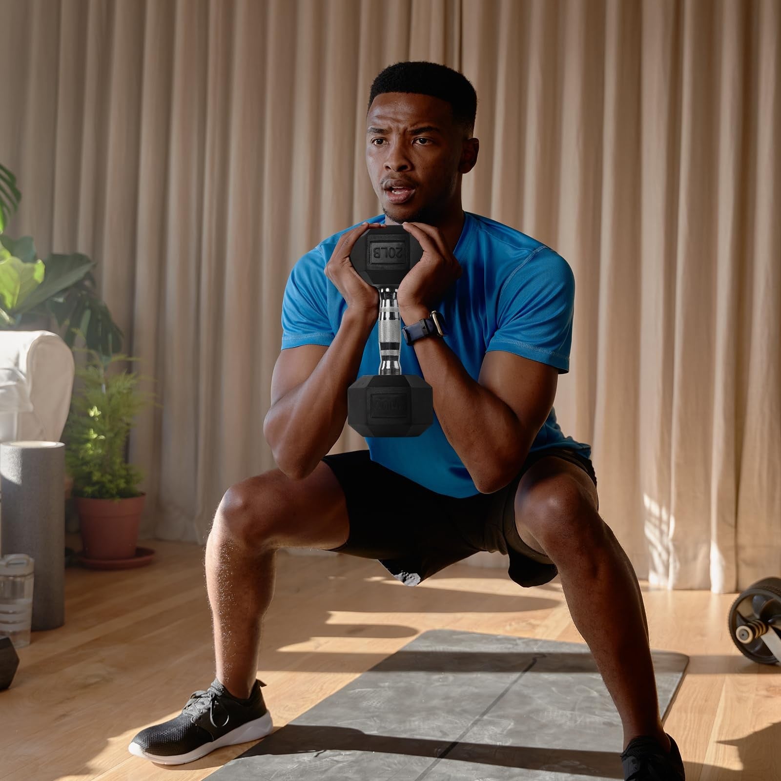 Pair of RitFit 10Lb rubber-encased dumbbells with optional rack for strength training and home gym workouts.
