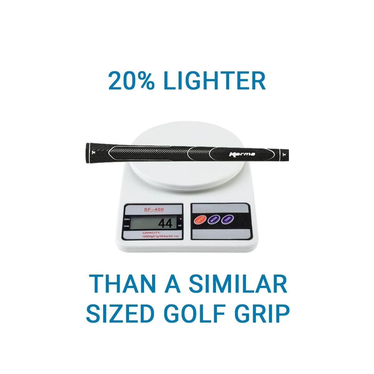 Karma Super Lite black midsize golf grips 13-pack with tape, showing lightweight rubber grips for golf clubs.