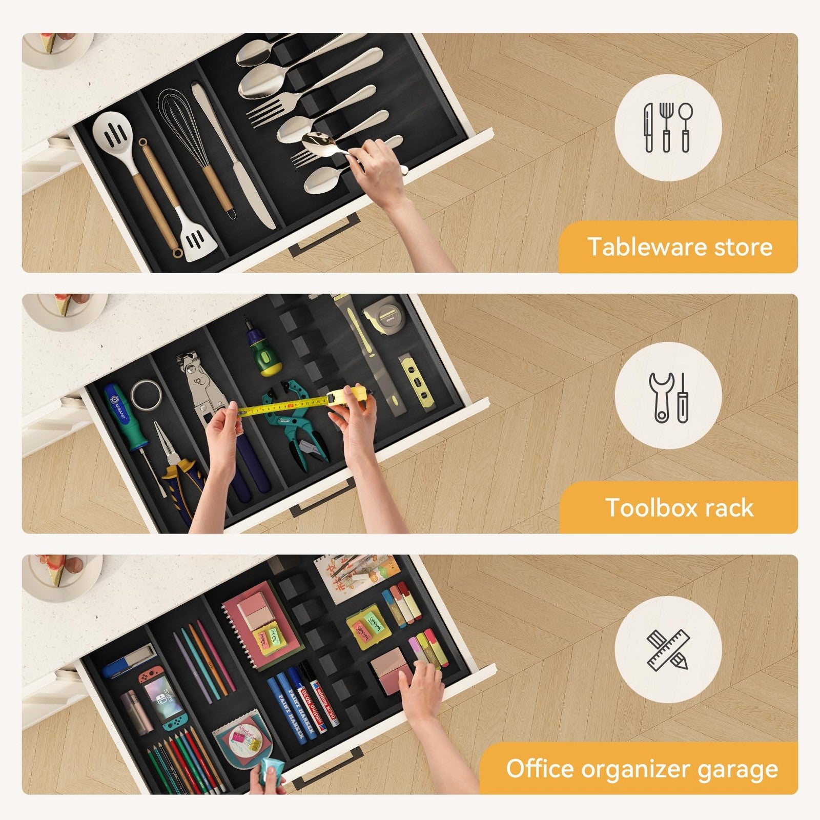 Yofidra bamboo silverware drawer organizer with three compartments, measuring 16.5 inches for kitchen storage and organization.