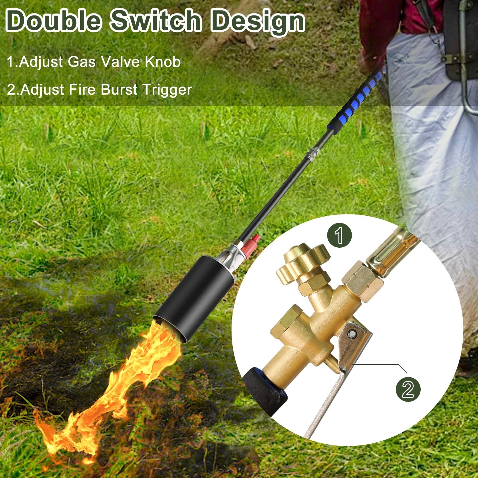 ROIKETU propane torch weed burner with self-ignition and flame control for outdoor weed removal, shown with a blue torch in use.