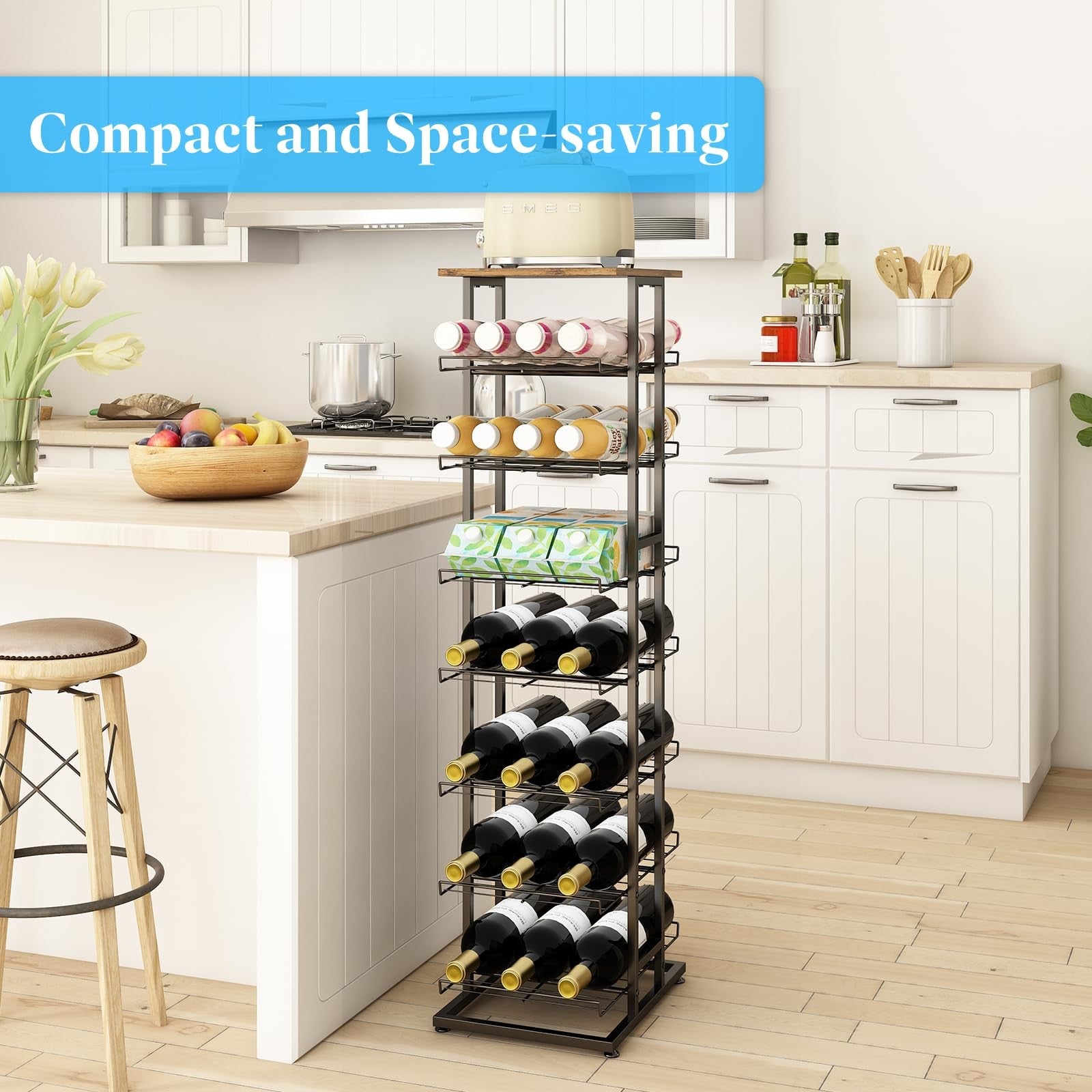 GILLAS tier water bottle storage rack with wooden tabletop, metal frame, holding multiple beverage bottles in a modern kitchen setting