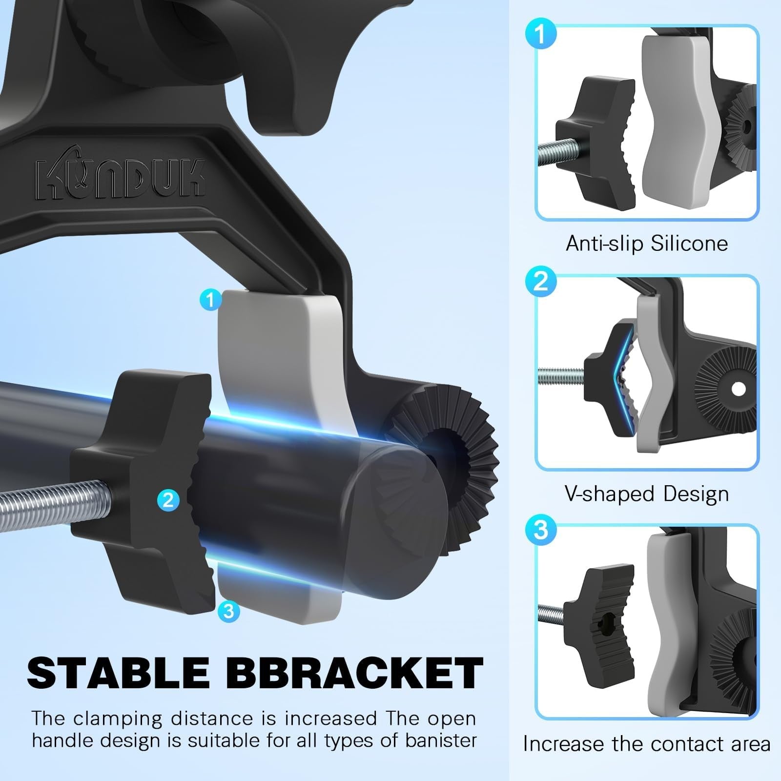 KUNDUK upgraded fishing rod holder with button-lock, 360° dual rotation, universal silicone mount for versatile fishing support.