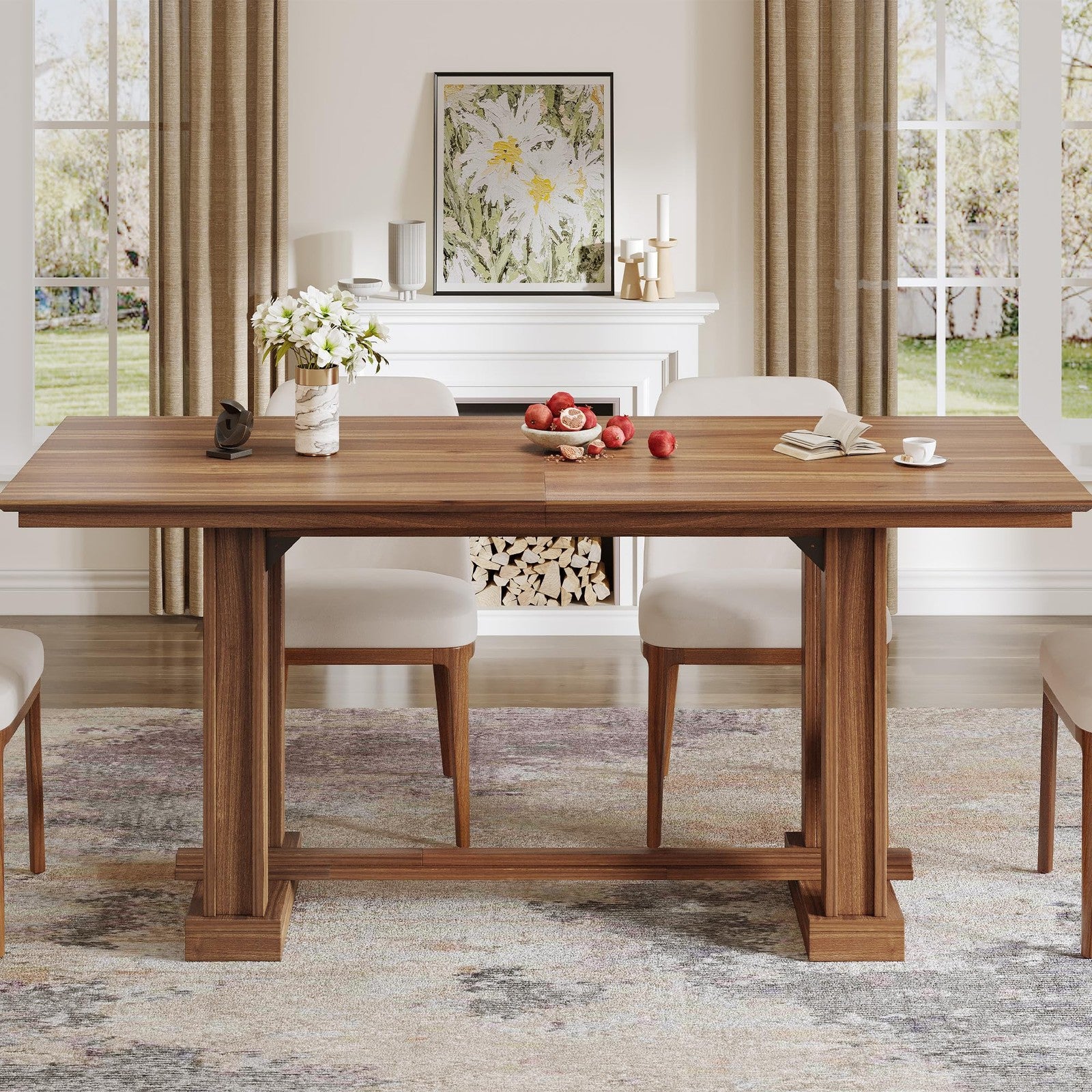 Wooden farmhouse dining table for 6-8 people, sturdy 70-inch kitchen table with rustic design and natural wood finish.