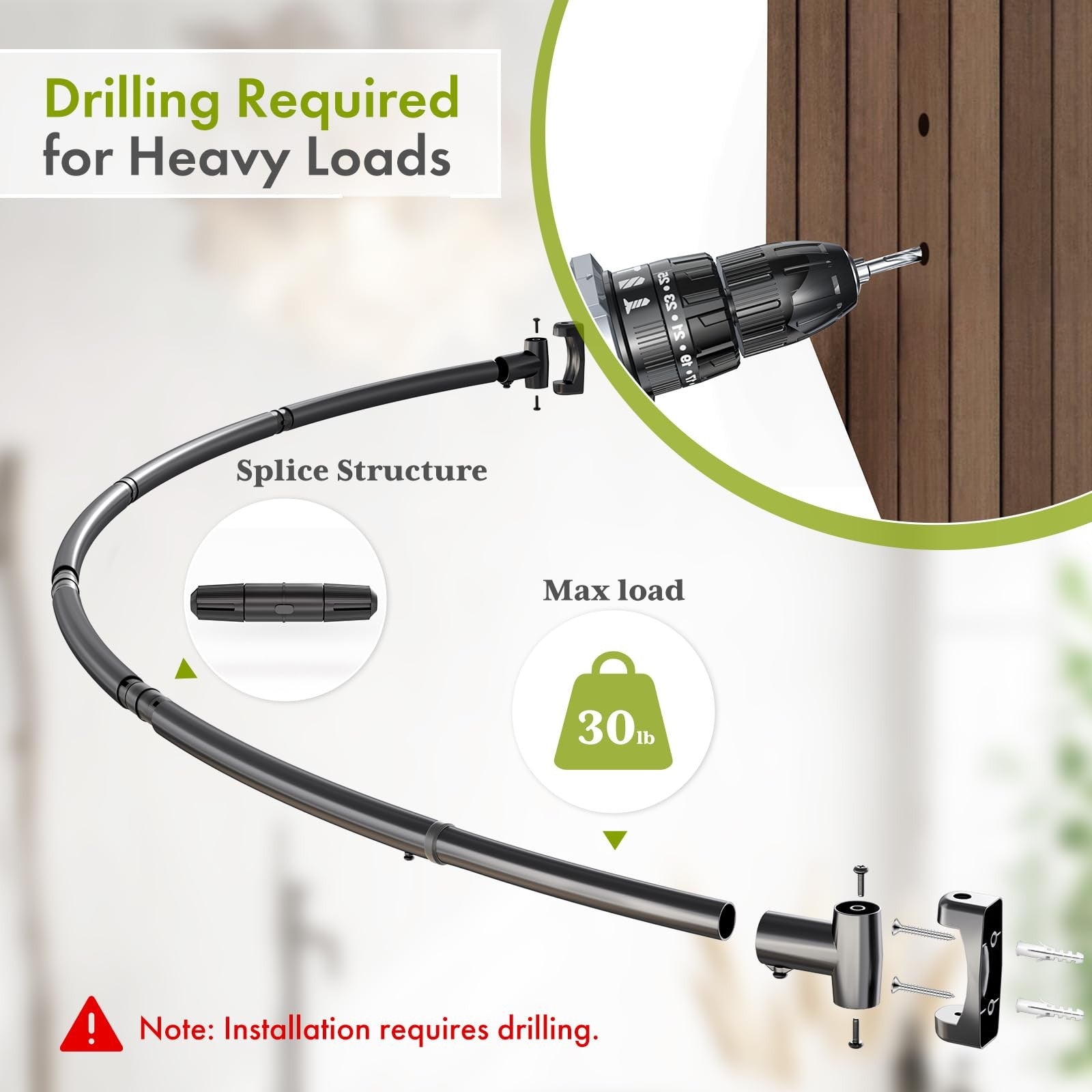 AzerBath 20-84 inch arched curved heavy-duty shower curtain rod mounted in a bathroom with a shower curtain hanging.