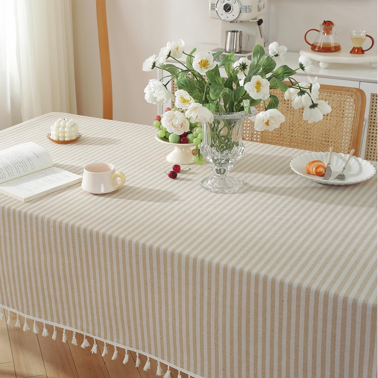 Beige striped cotton blend tablecloth with tassels, dust-proof, suitable for dining tables, featuring a stylish and durable design.