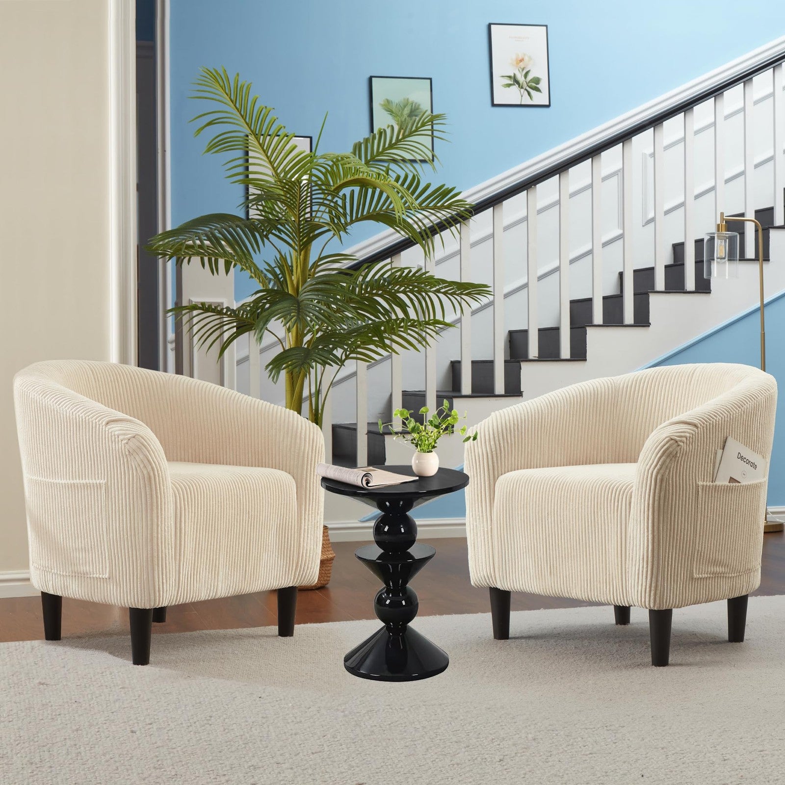 Cozy unbranded Garveehome barrel accent chair with corduroy upholstery and elegant armrest, perfect for living room decor.
