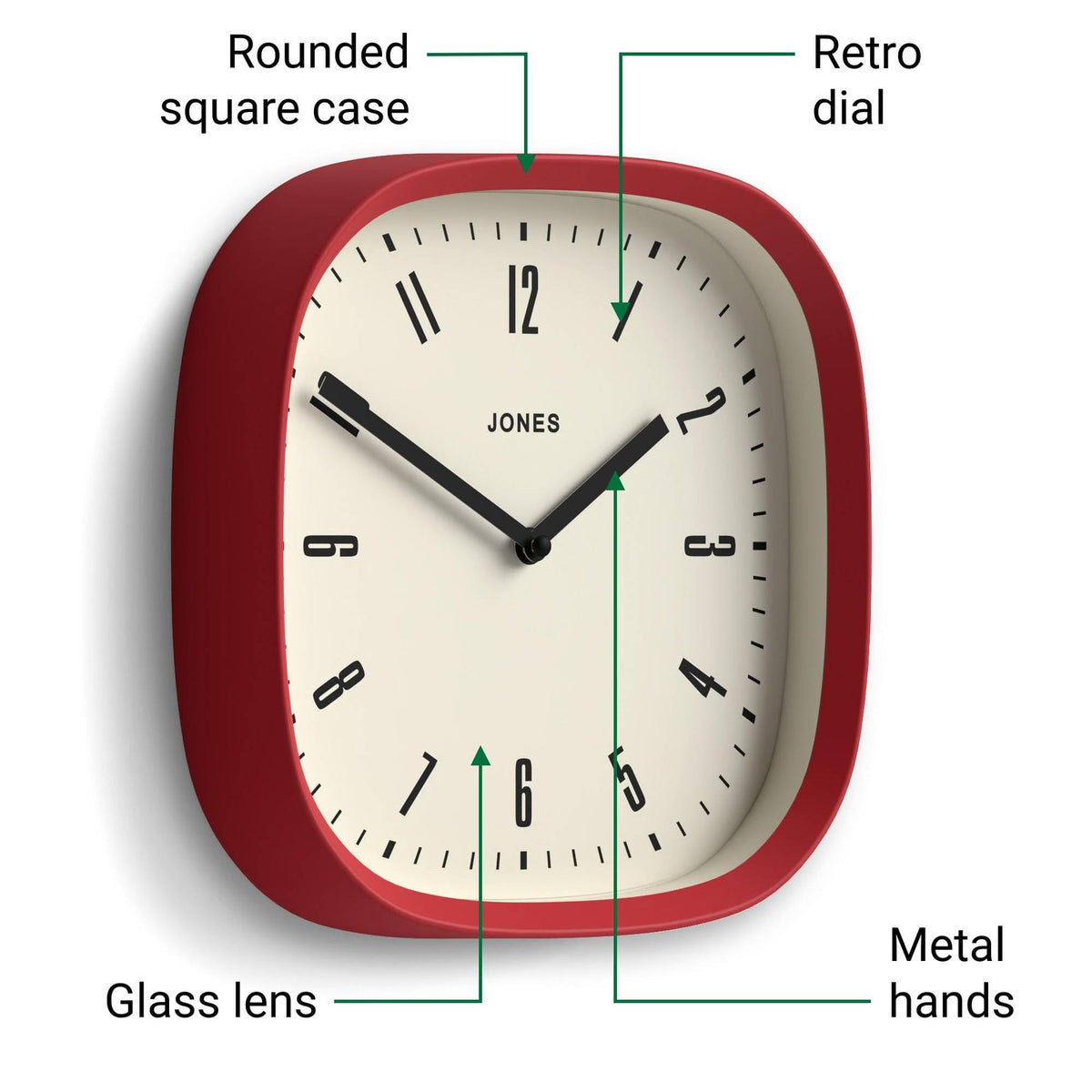 Jones Clocks Marvel wall clock with a modern retro rounded square design, 10-inch size, featuring colorful Marvel superhero artwork.