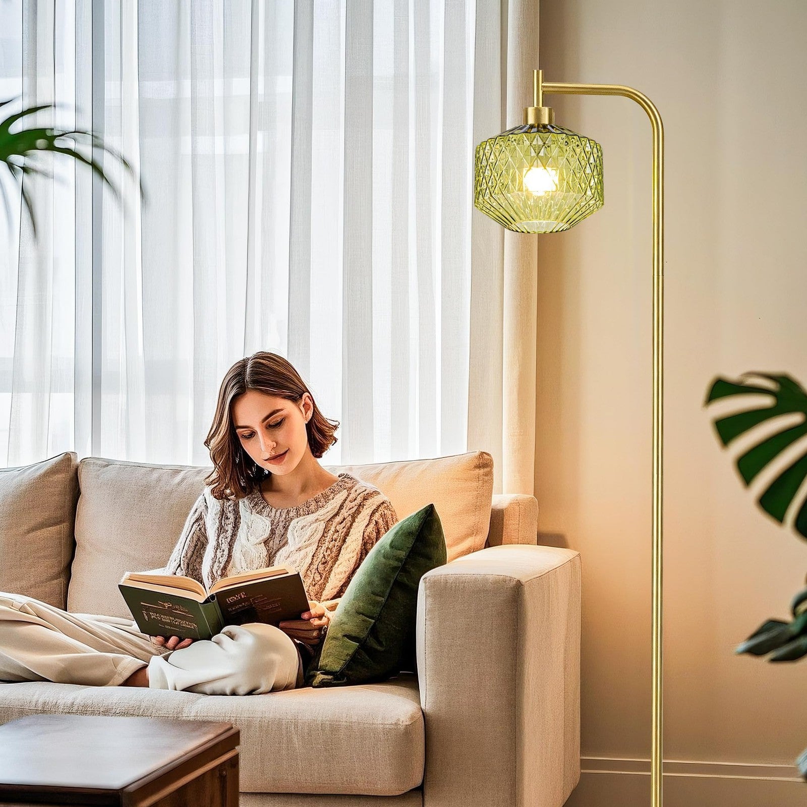 Emerald green ribbed glass Mayna Mid Century Modern floor lamp with a sleek standing design and minimalist base.