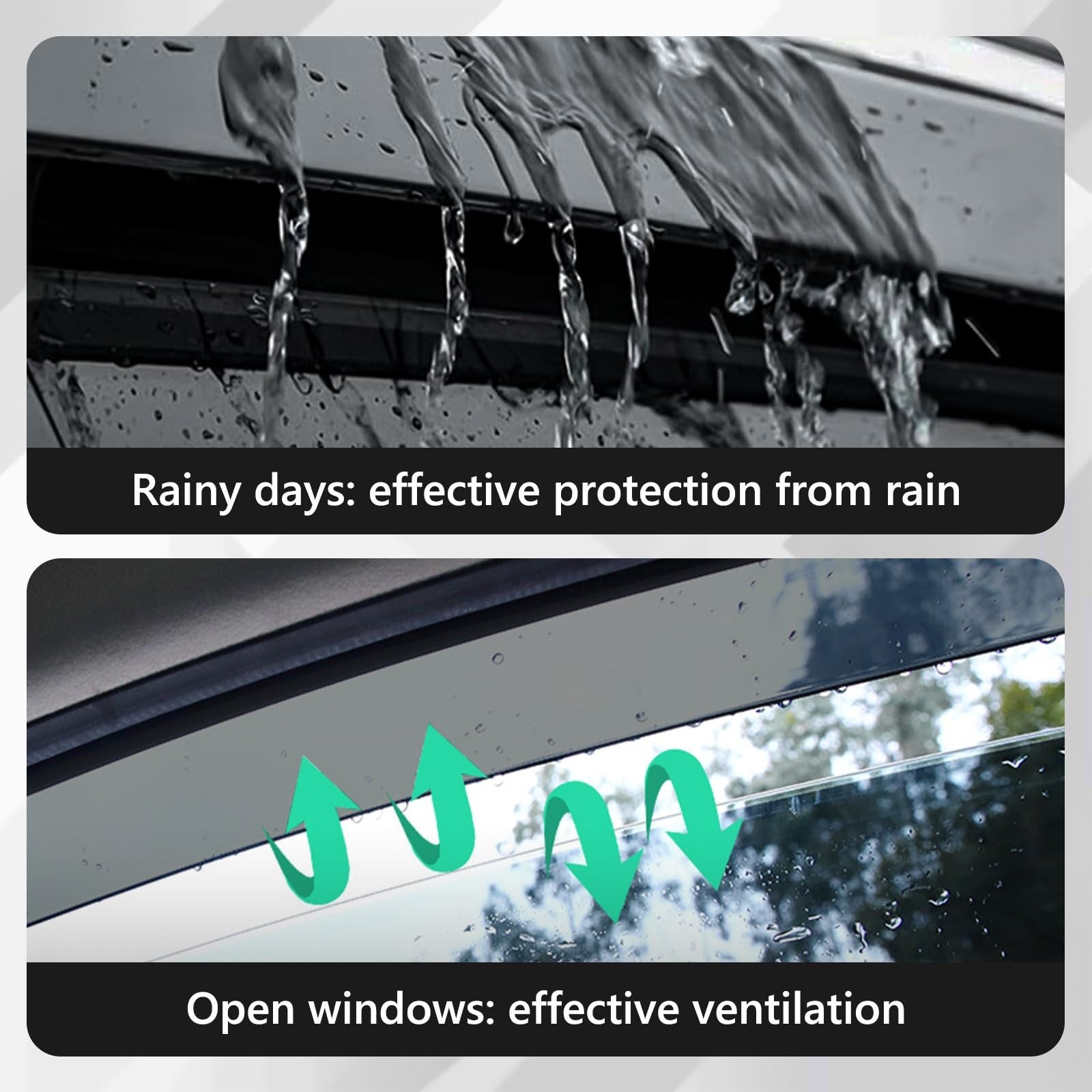 TECHPICCO tape-on rain guards for Ford Ranger 2024-2026 side windows, weather-resistant window deflectors on vehicle.