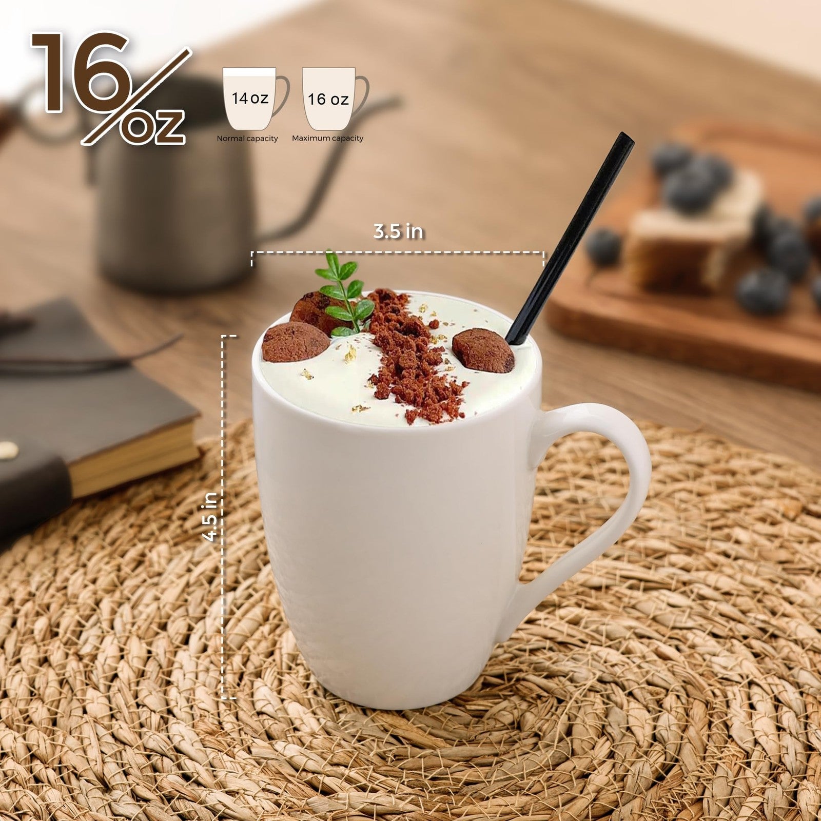 Set of six GBhome 16oz large ceramic coffee mugs with handles, suitable for men, women, and dads, displayed on a table.