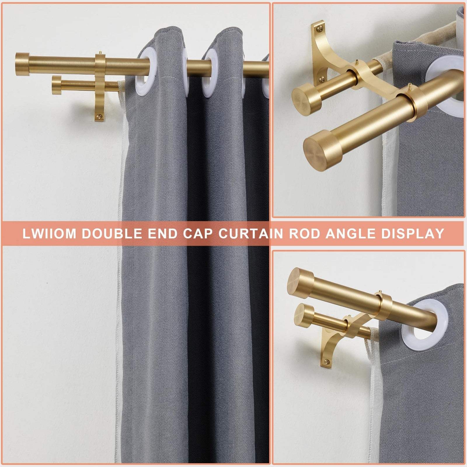 Lwiiom warm gold aluminum double curtain rods with adjustable 36-72 inch telescopic design and double brackets