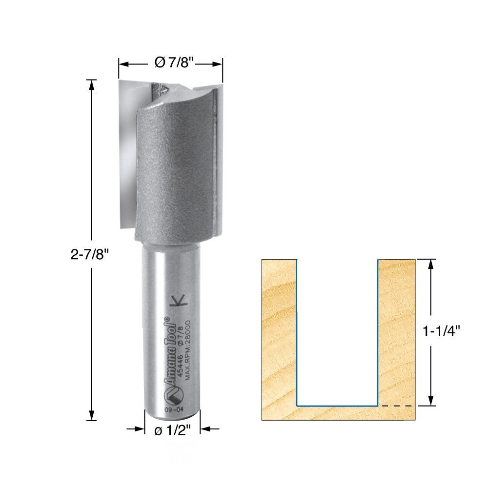 Amana Tool carbide tipped straight plunge bit, 7/8 inch diameter, with 1-1/4 inch cutting length and 1/2 inch shank.