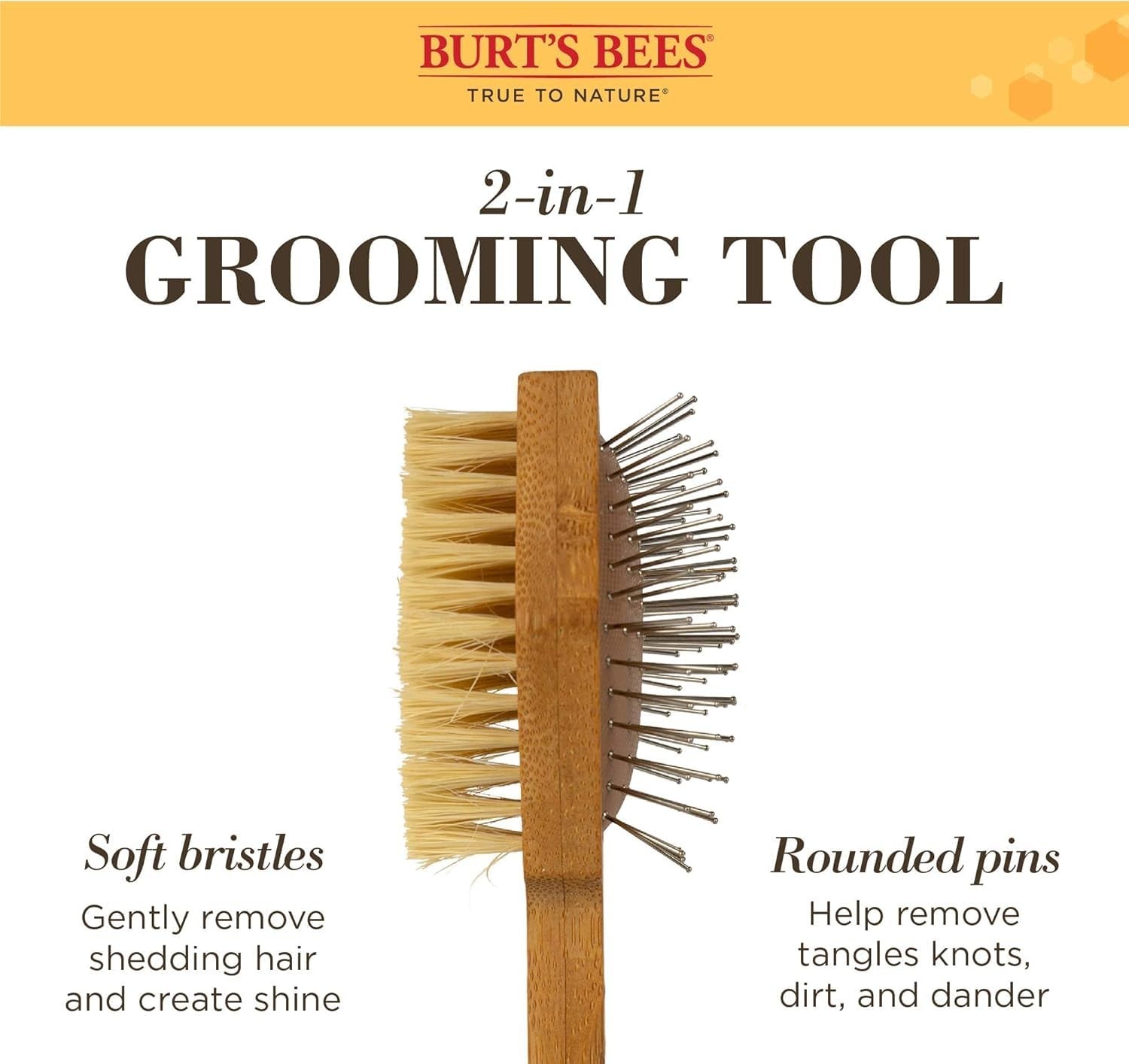 Burt's Bees for Pets double-sided dog brush with pin and hemp bristles, ideal for grooming and detangling dogs' coats.