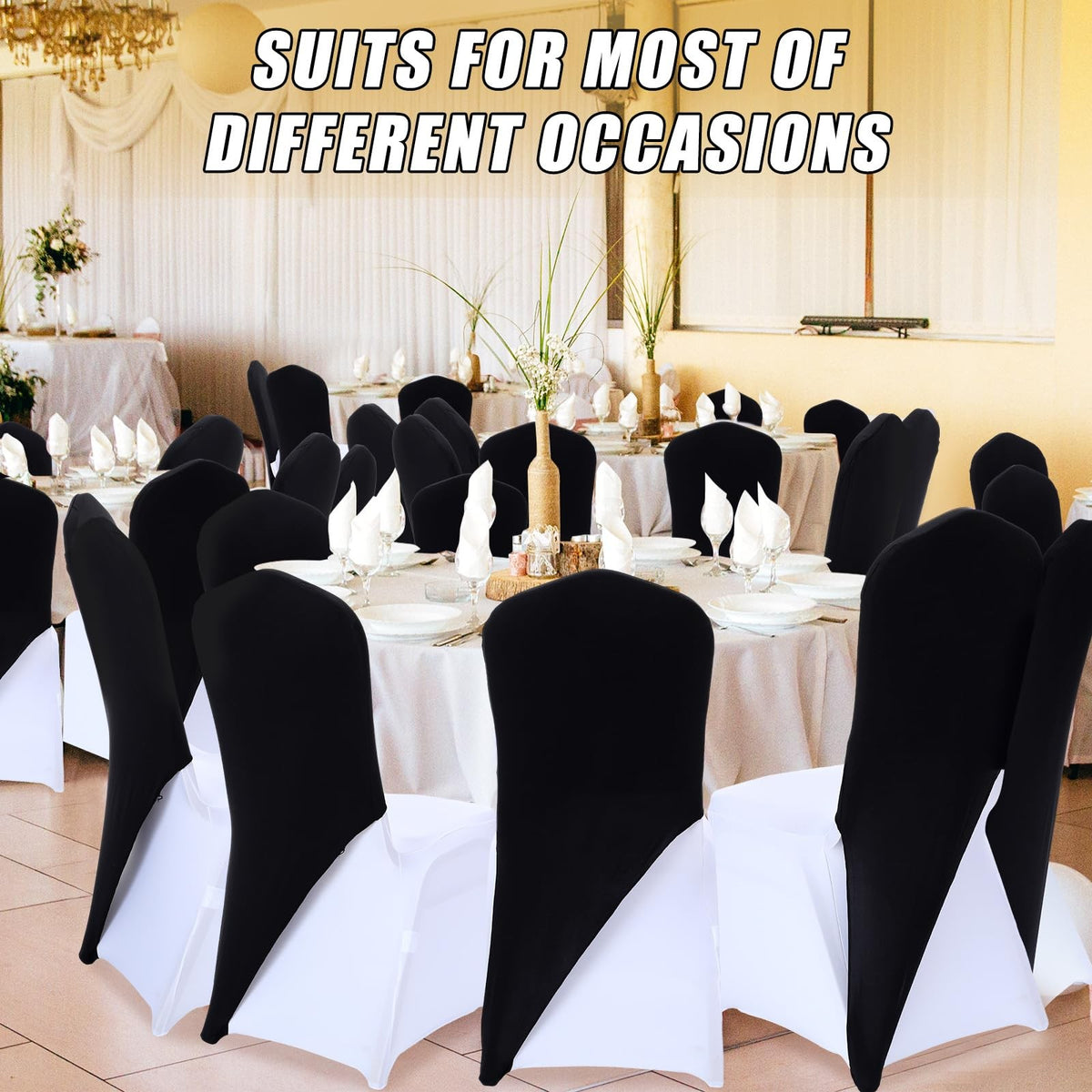 Mindsoft 20 pcs spandex chair cap covers with sash hat bands, folded for easy fitting on dining or event chairs.