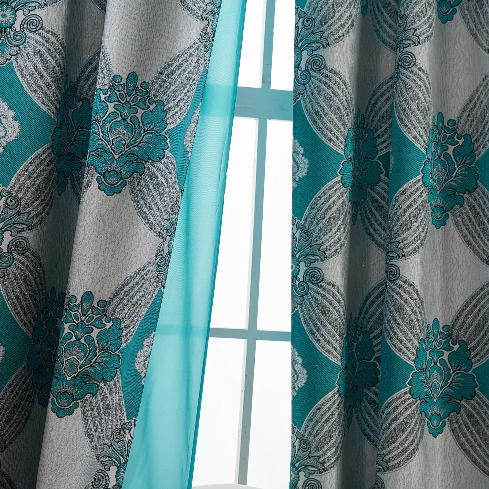 Petrichor elegant curtains with gold and silver threads, two-panel set, luxurious window treatment with intricate fabric details.