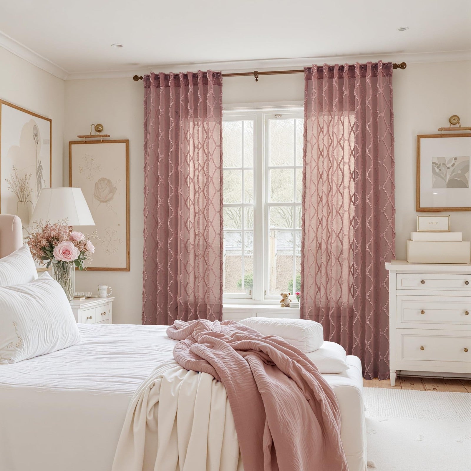 Hokibero extra long canyon rose sheer curtains with 108-inch length, hanging in a living room setting, showcasing elegant window drapes.