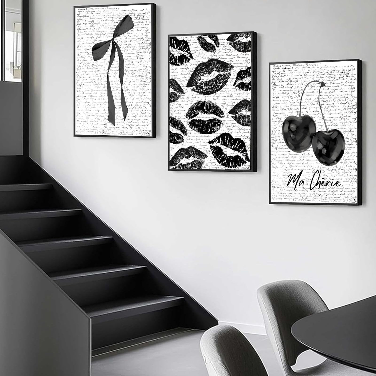 Zlsyqalw 3-piece black framed canvas wall art featuring vintage girl with lips and cherry designs, stylish home decor.