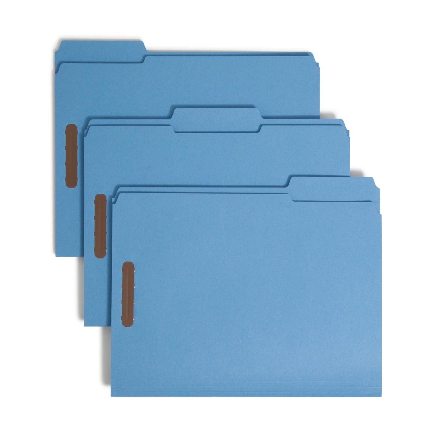 Blue Smead reinforced fastener file folders with 1/3-cut tabs and two fasteners, letter size, suitable for organized document storage.