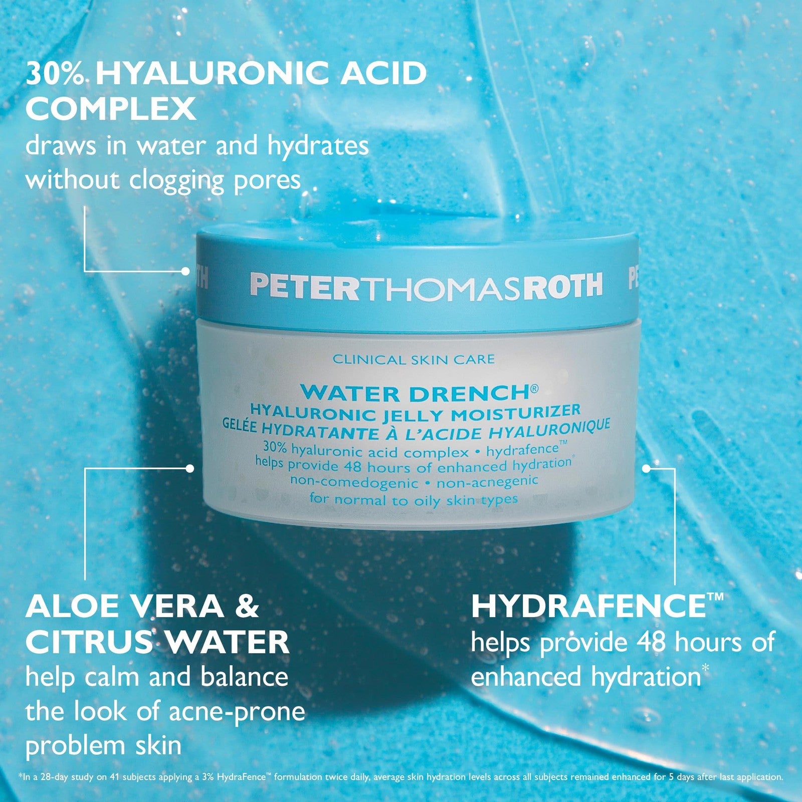 Peter Thomas Roth Water Drench Hyaluronic Jelly moisturizer jar with refillable design, showcasing the hydrating gel inside.