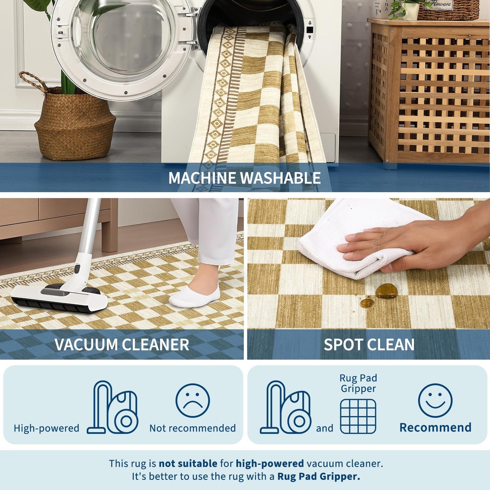 Garvee washable checkered 8x10 neutral area rug with a large pattern, perfect for living room decor and easy cleaning.