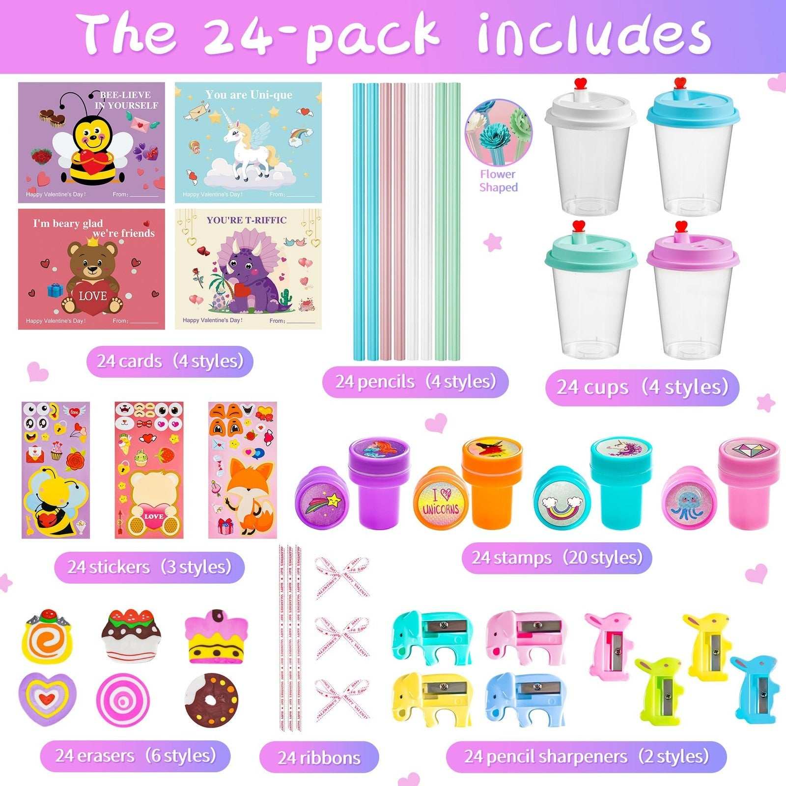 24-pc Valentine’s Day stationery gift set for kids with pastel mugs, greeting cards, stickers, erasers, pencils, and stamps