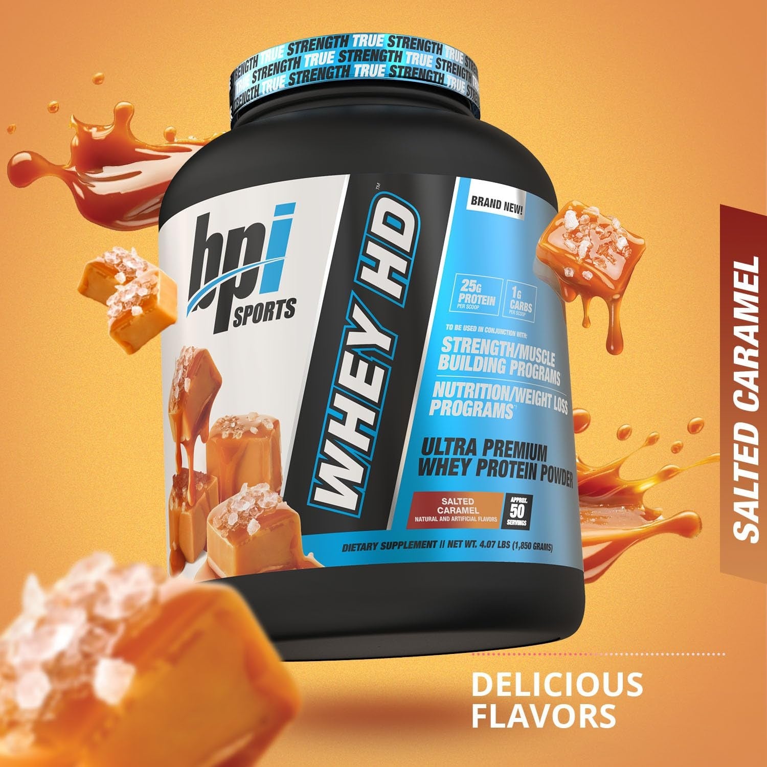 BPI Sports Whey HD Ultra Premium Protein Powder in Salted Caramel flavor, 4.1lb container with scoop and label showing product details.