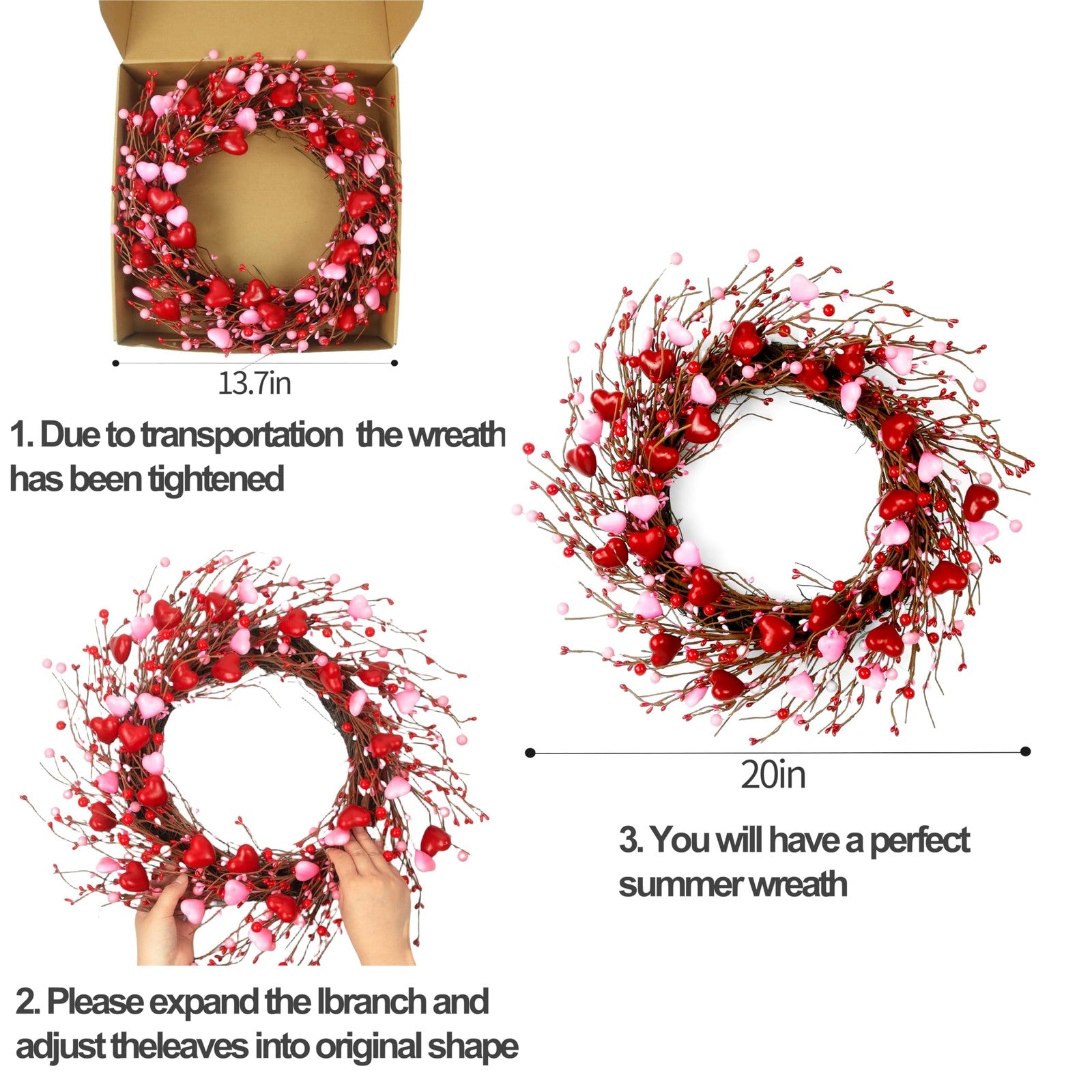 WSTPUPU 20-inch Valentine's Day wreath with red and pink accents, perfect for front door decoration for Valentine's Day.