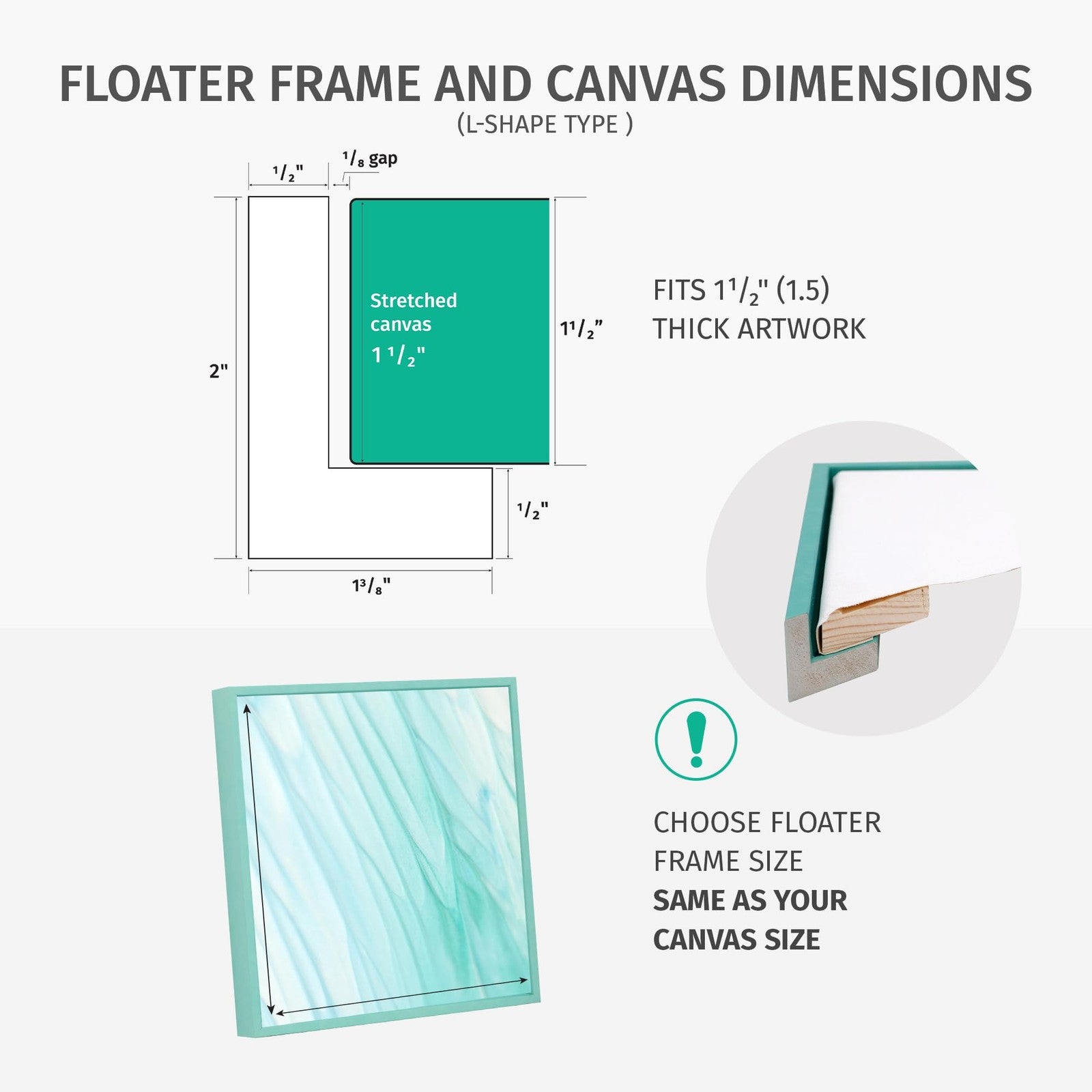 Pixy Canvas 10x10 inch floater frame for 1.5-inch deep canvas paintings showcasing a wooden frame with a sleek finish.