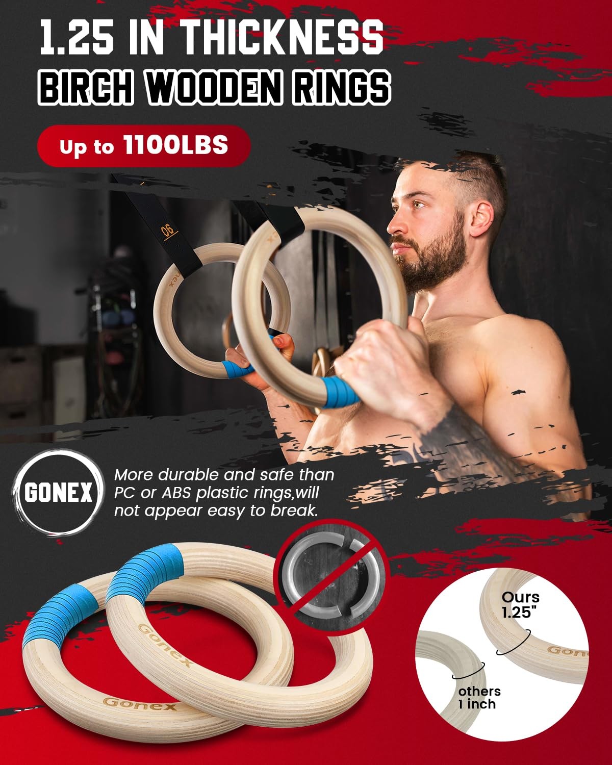 Gonex gymnastics rings with adjustable straps and cam buckle, suitable for pull-up workouts and strength training.