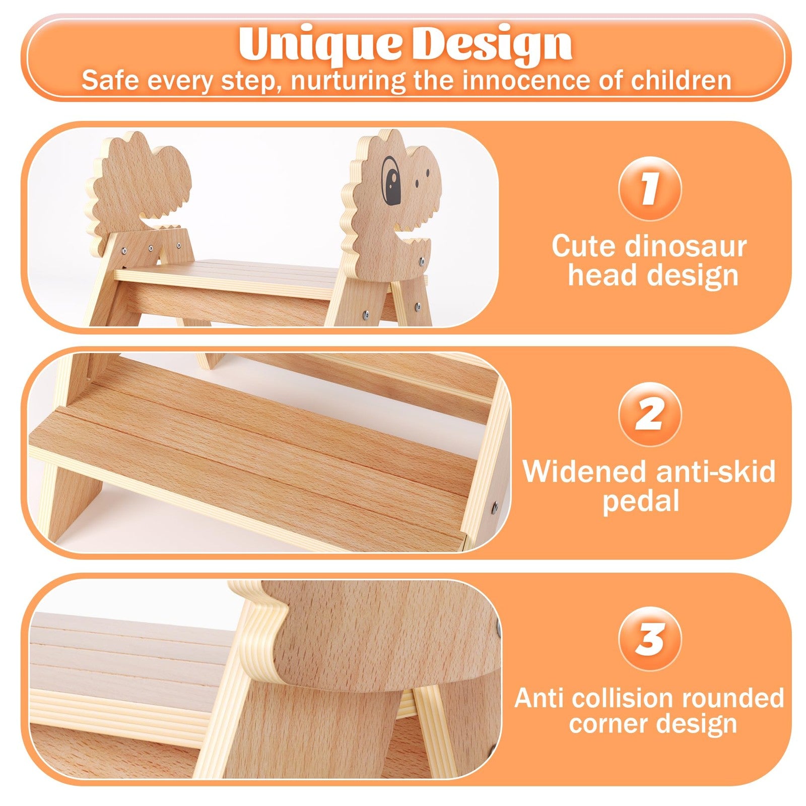 Novarieth Beech Wooden Toddler Step Stool with two steps, foldable design for kids, sturdy and compact for easy use.