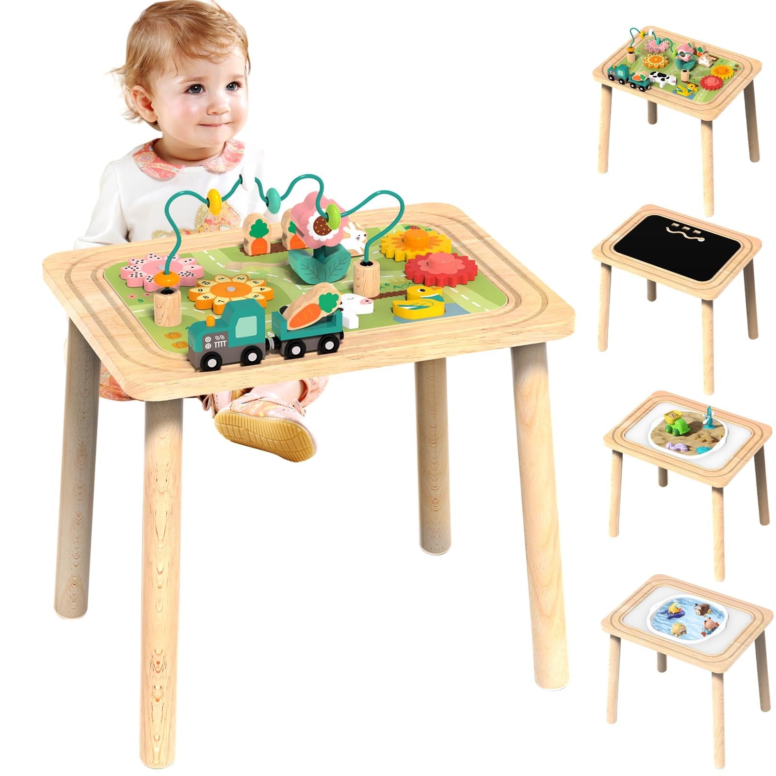 Wiqins 3-in-1 baby activity table for toddlers 6-36 months old, wooden activity center with colorful interactive features
