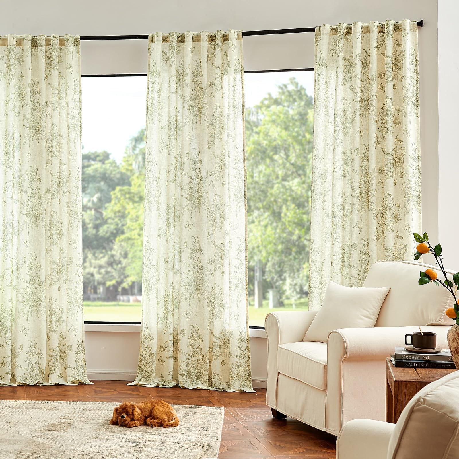 jinchan linen floral curtains for living room in sage green with farmhous style, 84-inch length, featuring botanical pattern.