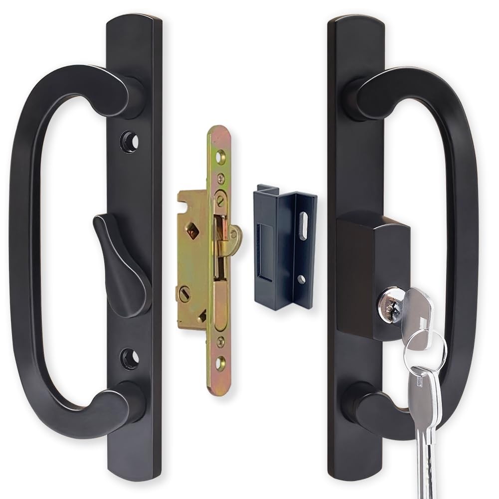 AllYWASAI patio sliding door handle set with mortise lock, key cylinder, and keep, showing the handle and lock mechanism.