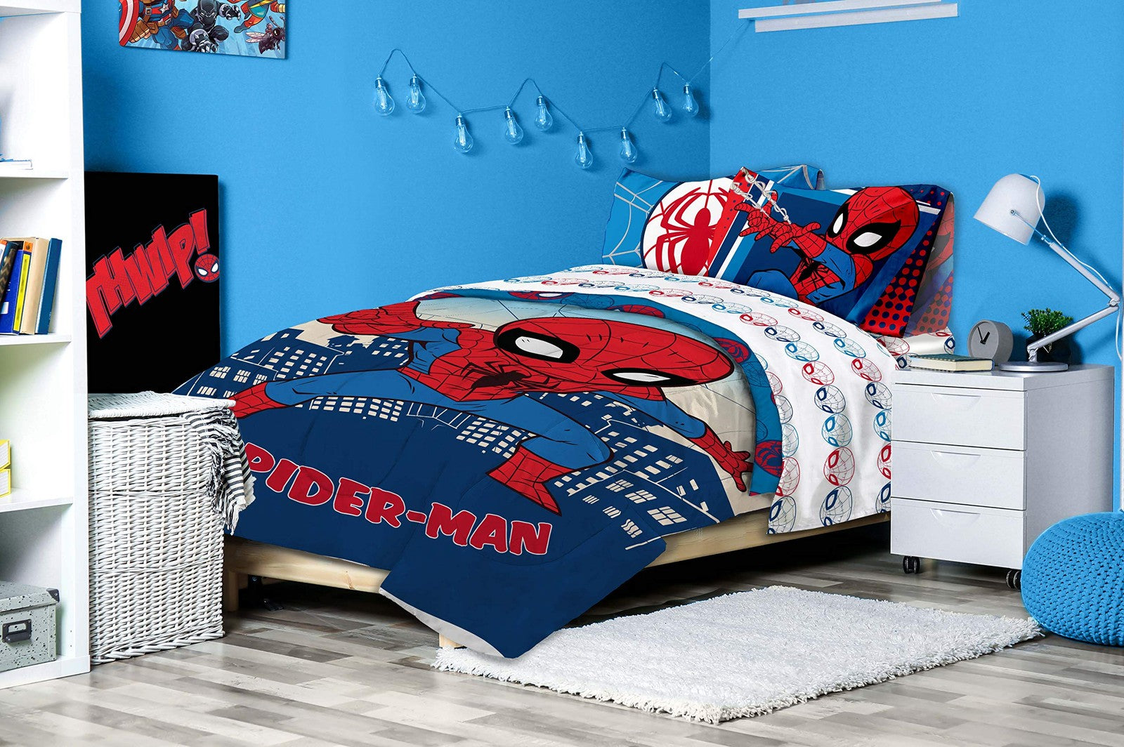 Jay Franco Marvel Super Hero Adventures Go Spidey twin bed set with Spider-Man and superhero designs on colorful bedding.