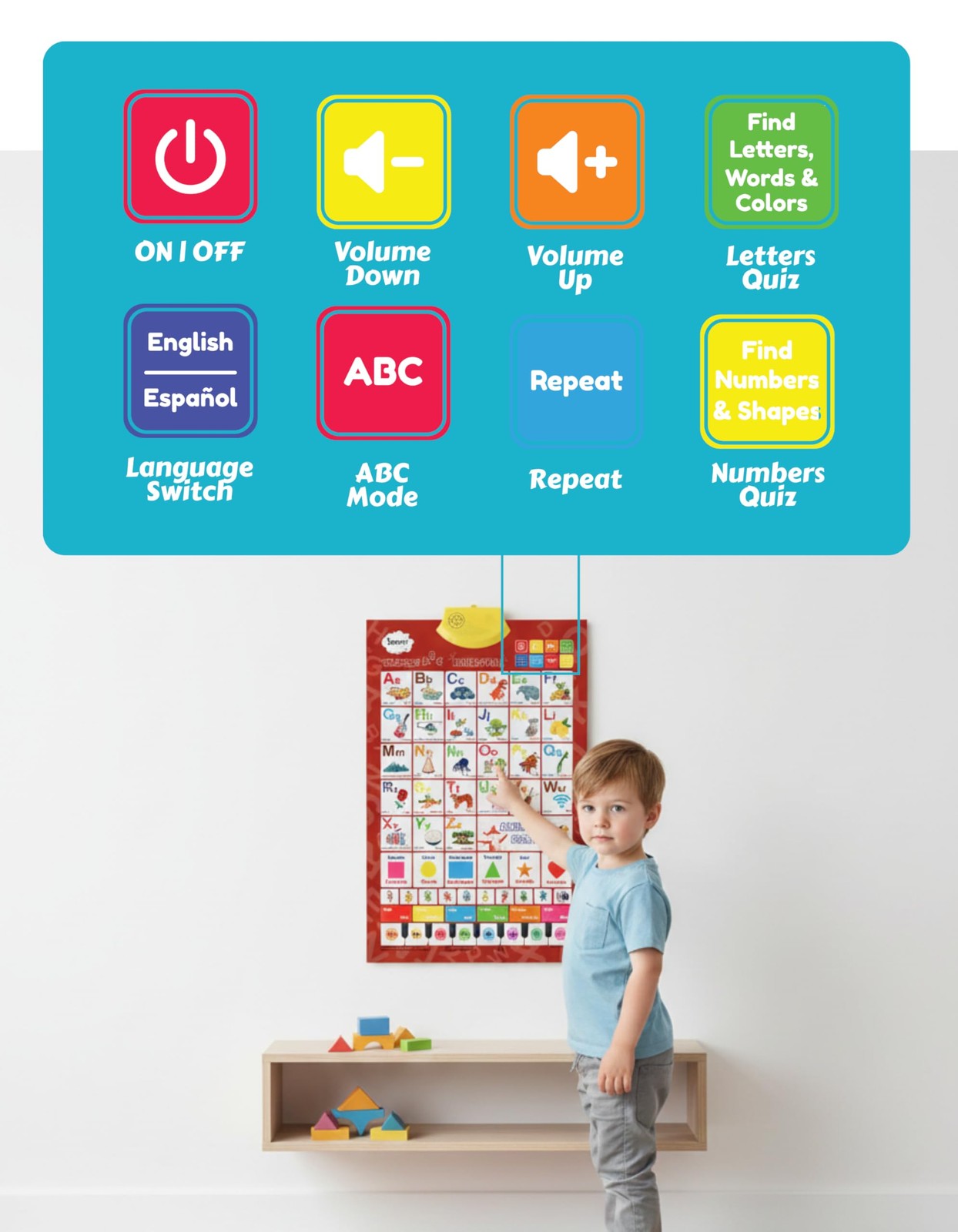 Boxiki Kids bilingual English and Spanish interactive alphabet wall chart, colorful educational poster for kids' learning space