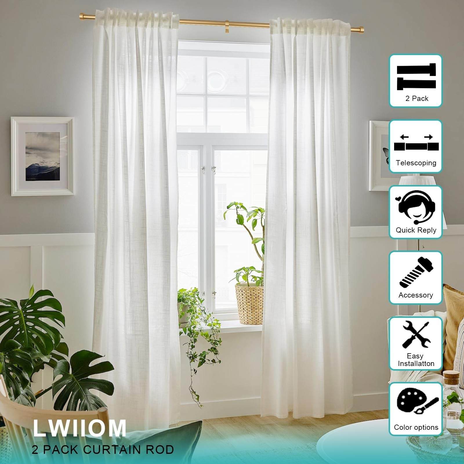 2-Pack adjustable warm gold aluminum curtain rods with finials and full surround brackets by Lwiiom
