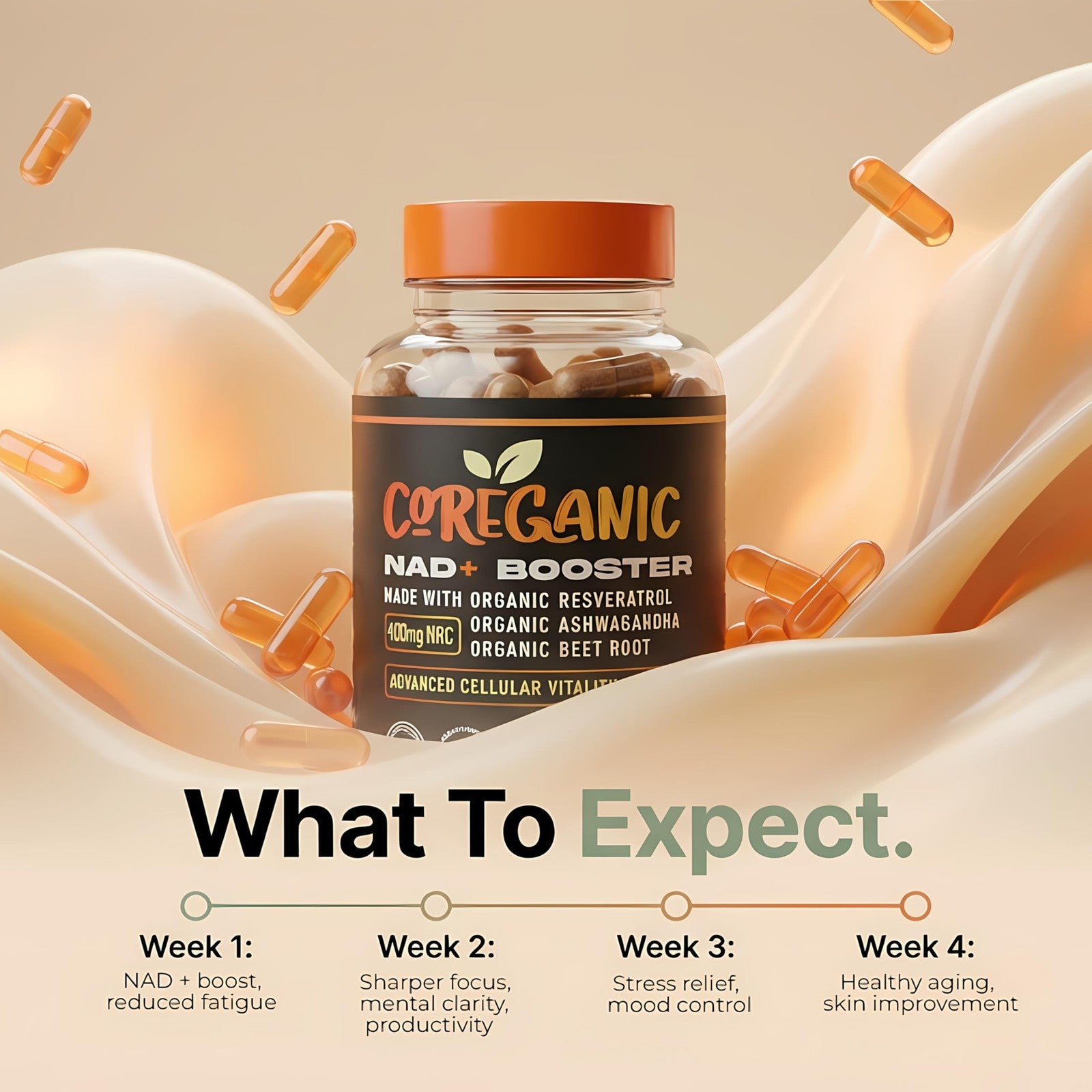 Unbranded Coreganic Clean NAD Support supplement bottle with label featuring 400mg Nicotinamide Riboside and Organic Resveratrol.