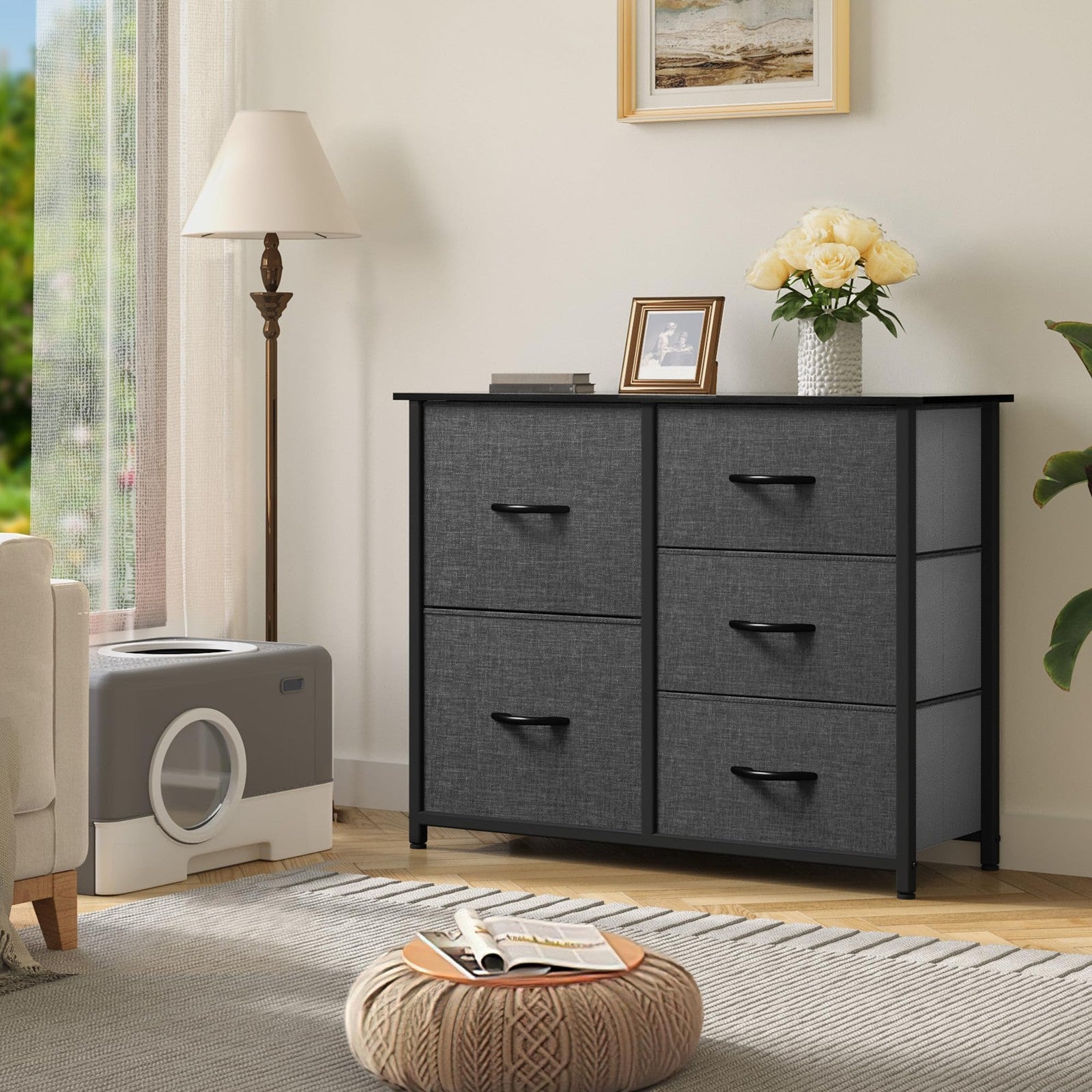 YITAHOME fabric bedroom dresser with five wide drawers and storage bins, designed for organized bedroom storage and decor.