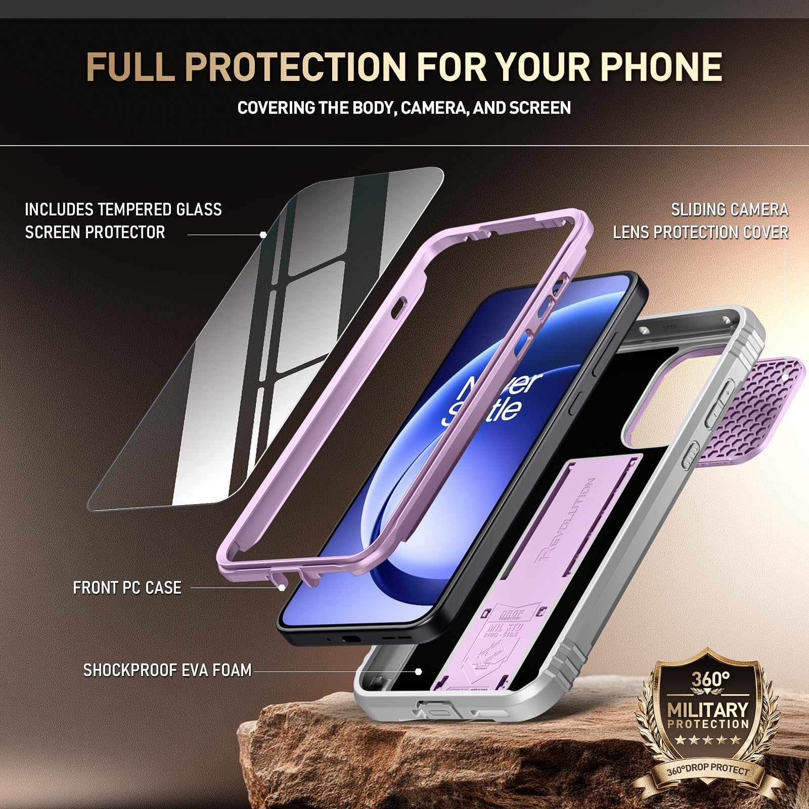 Poetic Revolution OnePlus 15R 5G case with slide camera cover and durable 20FT mil-grade protection, showcasing the back and camera area.