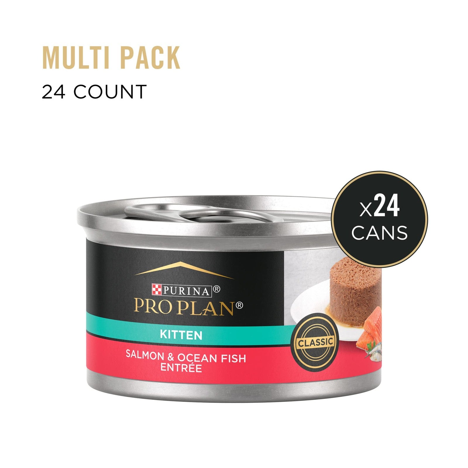 Cans of Purina Pro Plan wet kitten food with salmon and ocean fish pate, 24-pack, 3oz each, in an organized display.